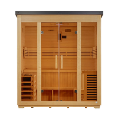 Golden Designs 5-person traditional flat roof outdoor sauna with black roof and glass door, set in a backyard.