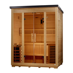 Golden Designs 5-person traditional flat roof outdoor sauna with black roof panels, shown from the right side.