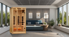 Golden Designs Inc. GDI-8010-03 2025 Reserve Edition sauna with full spectrum lighting and Himalayan salt bar, designed for one person.