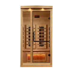 Golden Designs GDI-8010-03 Reserve Edition 2025 sauna with full spectrum lighting and Himalayan Salt Bar, designed for one person.