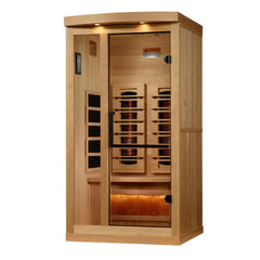 Golden Designs Inc. GDI-8010-03 2025 Reserve Edition sauna with full spectrum lighting and Himalayan Salt Bar interior.