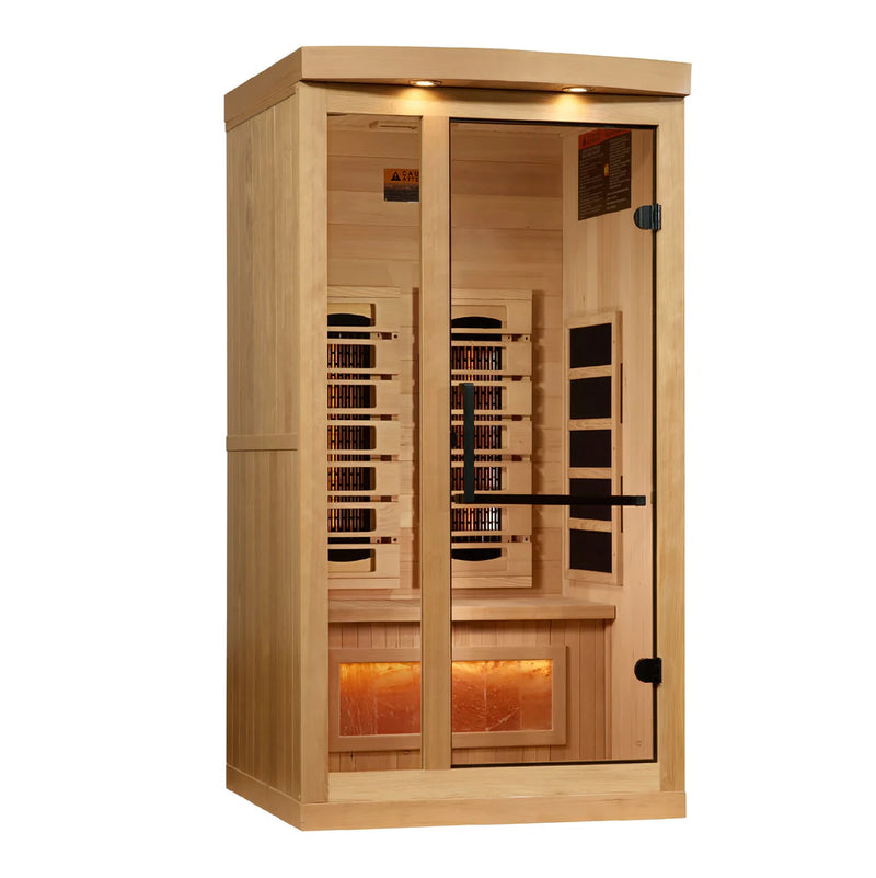 Golden Designs Inc. GDI-8010-03 Reserve Edition 2025 sauna with full spectrum lighting and Himalayan Salt Bar, designed for one person.