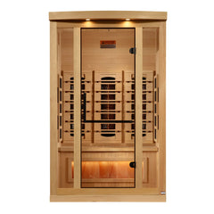 Golden Designs Inc. Reserve Edition 2-person full spectrum sauna with Himalayan salt bar, wooden interior, and calming lighting.