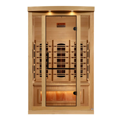 Golden Designs Inc. Reserve Edition 2-person full spectrum sauna with Himalayan salt bar, wooden interior, and calming lighting.