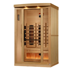 Golden Designs Inc. GDI-8020-03 Reserve Edition two-person full spectrum sauna with Himalayan salt bar and wooden interior.