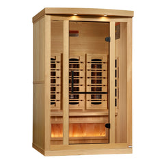 Golden Designs Inc. Reserve Edition 2-person full spectrum sauna with Himalayan salt bar, wooden interior, and relaxing ambiance.