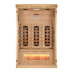 Golden Designs Inc. Reserve Edition 2-person full spectrum sauna with Himalayan salt bar, showcasing the sleek wooden interior and salt feature.
