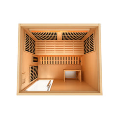 Golden Designs Inc. Soria 3-person indoor hybrid sauna with full spectrum lighting and Harvia traditional stove installed.