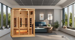 Golden Designs Inc. GDI-8030-03 Reserve Edition 3-person full spectrum sauna with Himalayan salt bar, showcasing the luxurious interior.