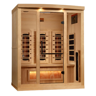 Golden Designs Inc. GDI-8030-03 2025 Reserve Edition 3-person full spectrum sauna with Himalayan Salt Bar, showcasing the sauna interior.
