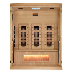 Golden Designs Inc. GDI-8030-03 2025 Reserve Edition 3-Person Full Spectrum Sauna with Himalayan Salt Bar, showcasing the sleek sauna interior