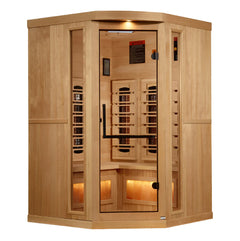 Golden Designs GDI-8035-03 2025 Reserve Edition 3-person full spectrum sauna with Himalayan salt bar, shown with wooden interior and salt feature.