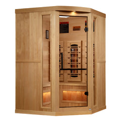 Golden Designs Inc. GDI-8035-03 2025 Reserve Edition 3-person full spectrum sauna with Himalayan salt bar, shown with interior and wood finish