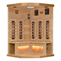 Golden Designs Inc. GDI-8035-03 2025 Reserve Edition 3-person full spectrum sauna with Himalayan salt bar, wooden interior and control panel.