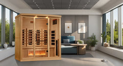 Golden Designs Reserve Edition 4-person full spectrum sauna with Himalayan salt bar, featuring modern design and relaxing interior.