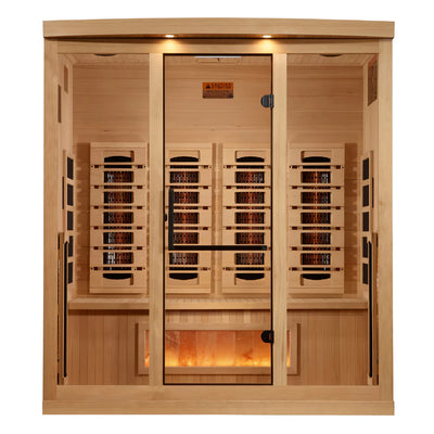 Golden Designs GDI-8040-03 Reserve Edition 4-person full spectrum sauna with Himalayan salt bar, showing the sauna interior and salt feature.