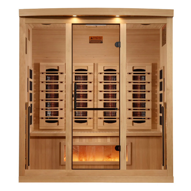 Golden Designs GDI-8040-03 Reserve Edition 4-person full spectrum sauna with Himalayan salt bar, showing the sauna interior and salt feature.