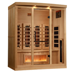 Golden Designs GDI-8040-03 Reserve Edition 4-person full spectrum sauna with Himalayan salt bar, shown in a modern wellness setting