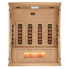 Golden Designs GDI-8040-03 2025 Reserve Edition 4-person full spectrum sauna with Himalayan Salt Bar, shown in a modern indoor setting.