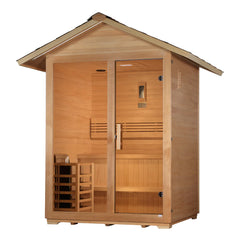 Golden Designs Arlberg 3-person traditional outdoor sauna with wooden interior and exterior in a serene outdoor setting