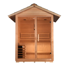 Golden Designs Arlberg 3-person traditional outdoor sauna with wooden benches and glass door, designed for outdoor relaxation.