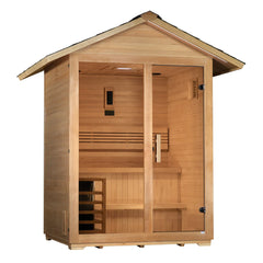 Golden Designs Arlberg 3-person traditional outdoor sauna with wooden interior and exterior, designed for relaxing outdoor spa experiences.