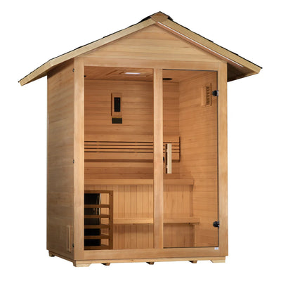 Golden Designs Arlberg 3-person traditional outdoor sauna with wooden interior and exterior, designed for relaxing outdoor spa experiences.