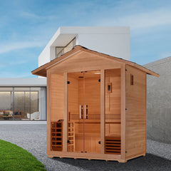 Golden Designs Vorarlberg 5-person traditional outdoor sauna with wooden exterior and glass door, designed for outdoor relaxation.