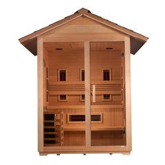 Golden Designs Carinthia 3-person outdoor sauna with traditional stove or full spectrum IR, featuring wooden interior and glass door.