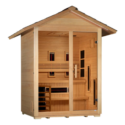 Golden Designs Carinthia 3-person outdoor sauna with traditional stove and PureTech™ full spectrum infrared heating system.