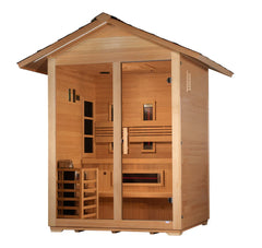 Golden Designs Carinthia 3-person hybrid outdoor sauna with wooden interior and traditional stove, designed for outdoor relaxation.