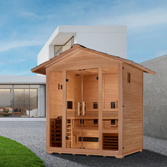 Golden Designs Gargellen 5-person outdoor sauna with hybrid PureTech™ infrared and traditional stove, featuring wooden bench seating.