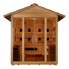 Golden Designs Gargellen 5-person outdoor sauna with traditional stove and full spectrum infrared options, featuring wooden interior and exterior.