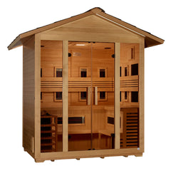 Golden Designs Gargellen 5-person outdoor sauna with traditional stove and Full Spectrum IR heater, featuring wooden interior and exterior.