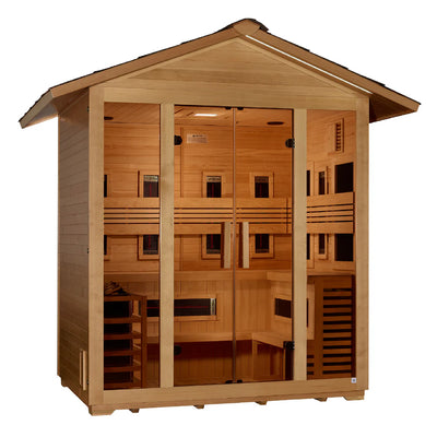 Golden Designs Gargellen 5-person outdoor sauna with traditional stove and Full Spectrum IR heater, featuring wooden interior and exterior.