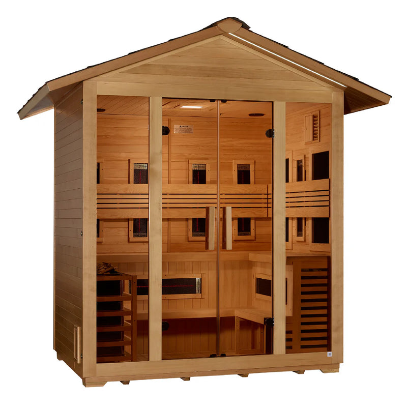 Golden Designs Gargellen 5-person outdoor sauna with traditional stove and Full Spectrum IR heater, featuring wooden interior and exterior.