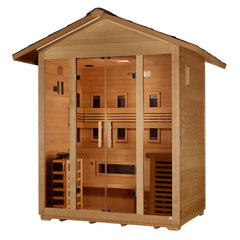 Golden Designs Gargellen 5-person outdoor sauna with traditional stove and full spectrum infrared heating system.