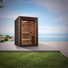 Golden Designs Narvik 2-person traditional sauna with wood interior and glass door for indoor or outdoor use.