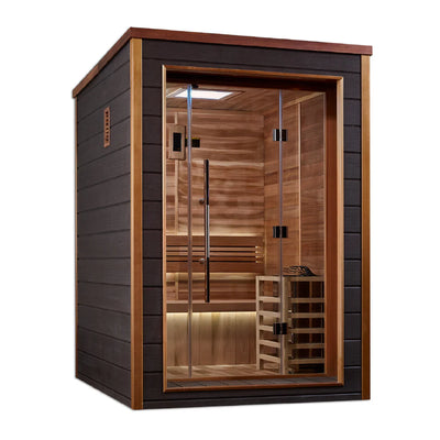 Golden Designs Narvik 2-person traditional sauna with wooden interior and glass door, suitable for outdoor and indoor use.