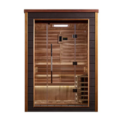 Golden Designs Narvik 2-person traditional sauna with wood interior and glass door, suitable for outdoor or indoor use.
