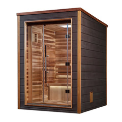 Golden Designs Narvik 2-person traditional indoor-outdoor sauna with wooden benches and glass door, designed for relaxation.
