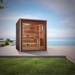 Golden Designs Drammen 3-person traditional sauna with wooden interior and glass door, suitable for indoor and outdoor use.