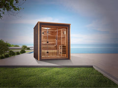 Golden Designs Drammen 3-person traditional indoor-outdoor sauna with wood interior and glass door by Golden Designs Inc.