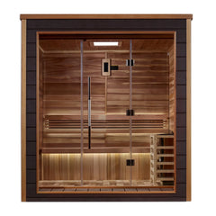 Golden Designs Drammen 3-person traditional outdoor-indoor sauna with wooden benches and glass door, by Golden Designs Inc.