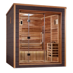 Golden Designs Drammen 3-person traditional sauna with wooden interior and glass door, for outdoor or indoor use.
