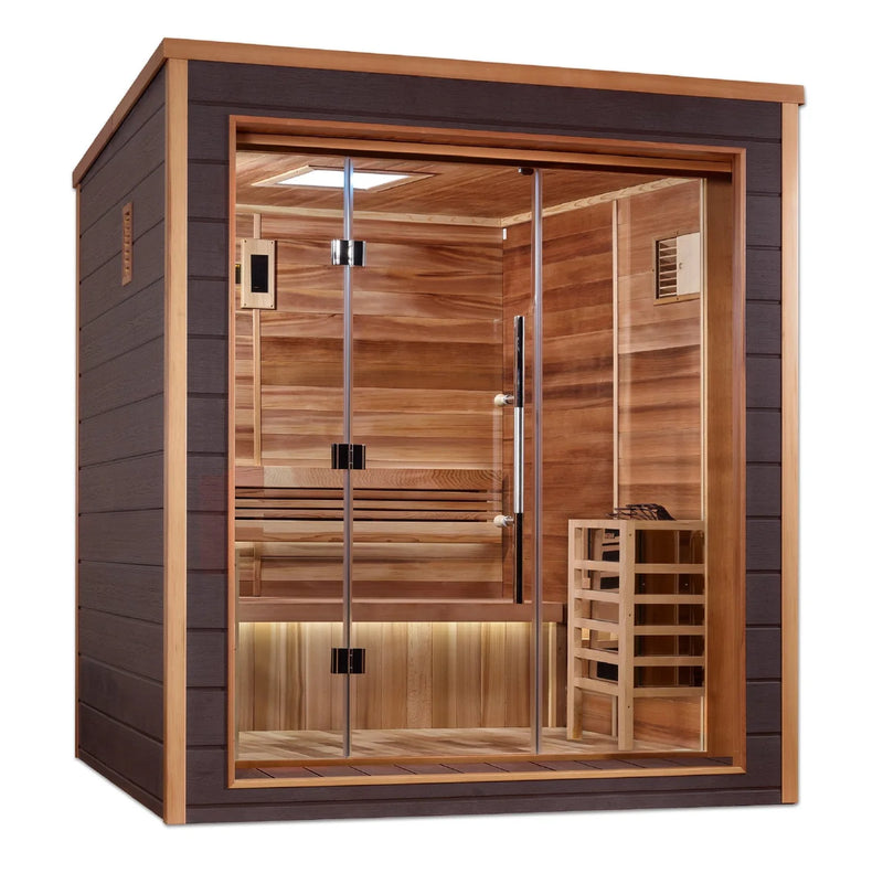 Golden Designs Drammen 3-person traditional sauna with wooden interior and glass door, for outdoor or indoor use.