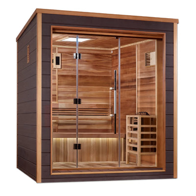 Golden Designs Drammen 3-Person outdoor-indoor traditional sauna with wooden interior and glass door, by Golden Designs Inc.