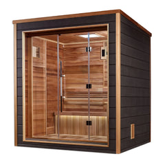 Golden Designs Drammen 3-person traditional sauna with wooden interior and glass door, suitable for outdoor or indoor use.