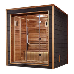 Golden Designs Drammen 3-person traditional sauna with wooden interior and glass door, suitable for outdoor and indoor use.