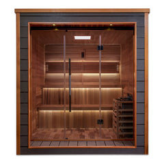 Golden Designs Bergen 6-person outdoor-indoor traditional sauna with wooden interior and glass door, designed for relaxing spa experiences.